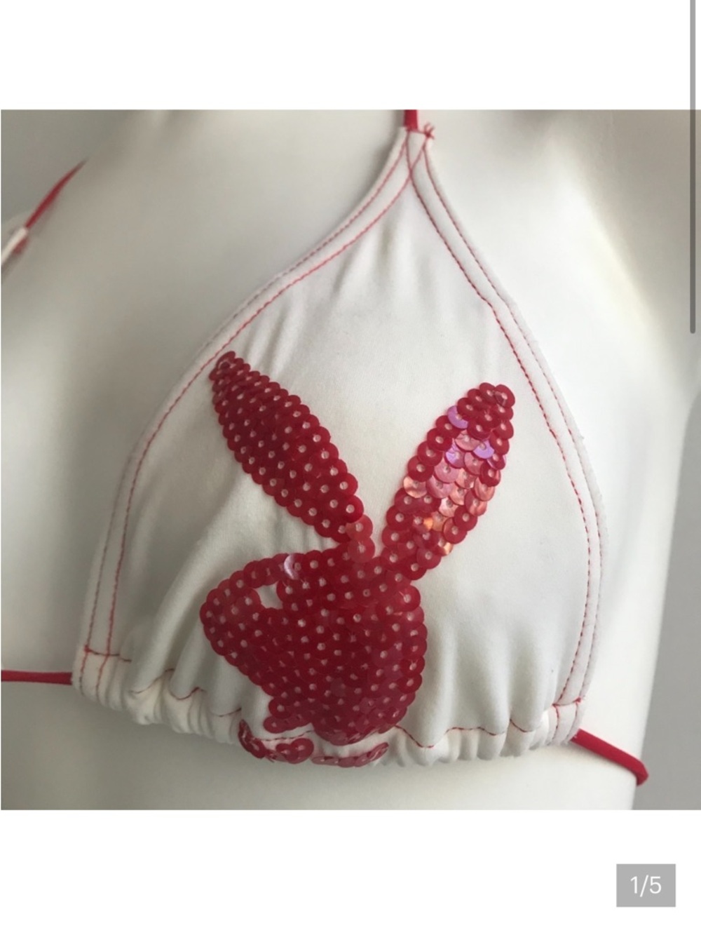 White Triangle Bikini Top with Red Sequin Bunny